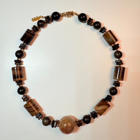 Natural Agate & Wood Beaded Necklace | Earth Tone Statement | Handmade - Picture 4 of 9